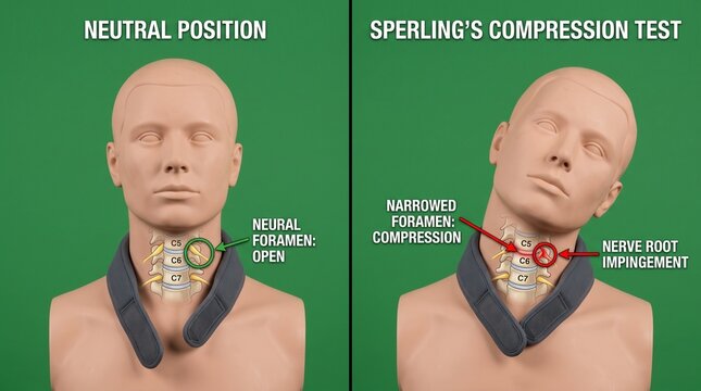 Medical illustration of cervical spine compression. Neck anatomy test for nerve impingement.