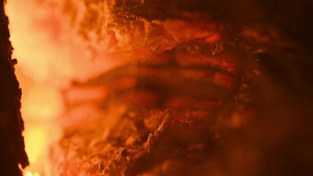 Intense macro closeup of glowing embers and charred wood texture in bonfire firelight