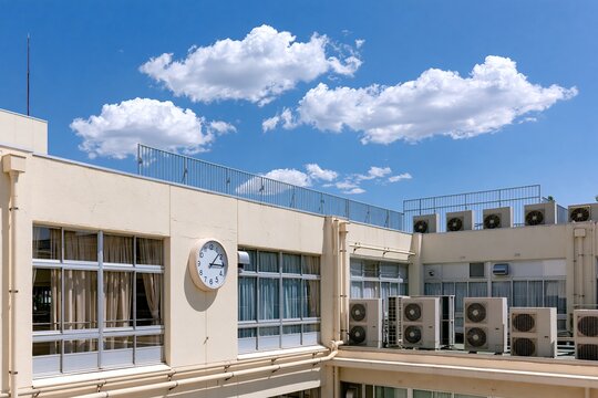 抜けるような青空と白い雲が夏の学校校舎を彩る日中風景