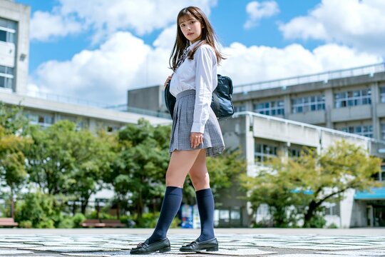 青空と校舎を背景に未来へ歩む制服の女子学生の青春風景