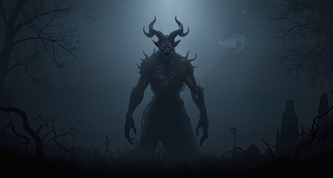 Ghostly horned demon apparition in a gloomy fog filled night
