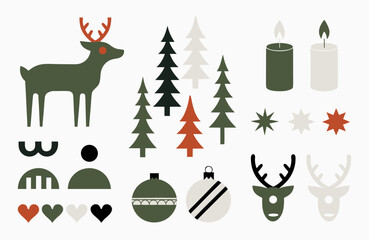 Fototapeta premium Minimalist christmas icon set with reindeer trees candles ornaments and festive holiday elements in flat vector style