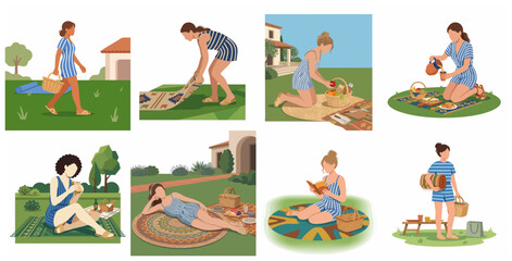 Fototapeta premium Set of illustrations of a young woman enjoying a summer picnic in the park or garden