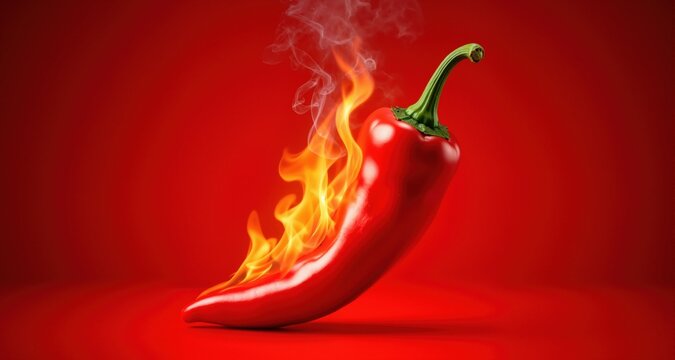 Hot chili pepper with flames and smoke on red gradient background

