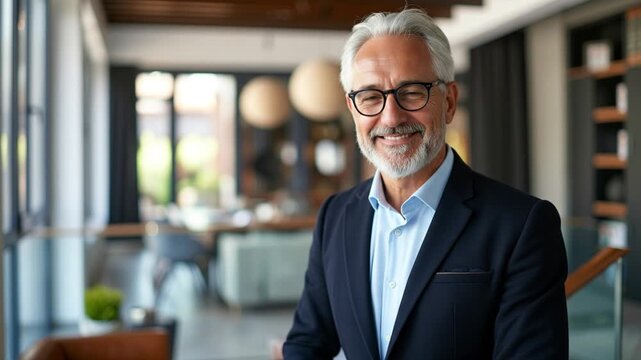 A distinguished senior businessman smiling confidently in a modern luxury office, subtle posture adjustment. Ai generated