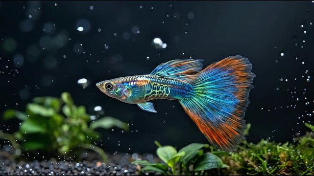 Vibrant guppy fish swimming gracefully through clear aquarium water while showcasing stunning iridescent scales and flowing orange blue fin animation