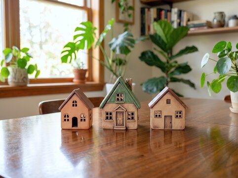 窓辺の木製テーブルに並んだ素敵な暮らしを想像する陶器製の家模型