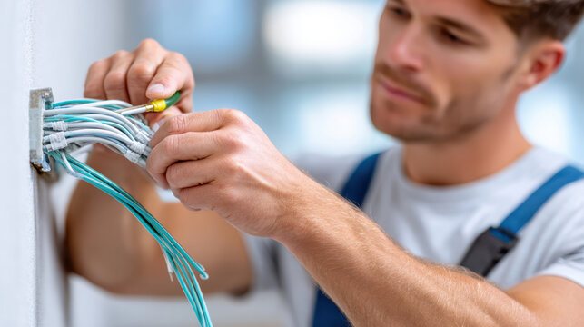 Electrician installing network wiring into wall junction box closeup for technical brochure background and infrastructure maintenance visuals