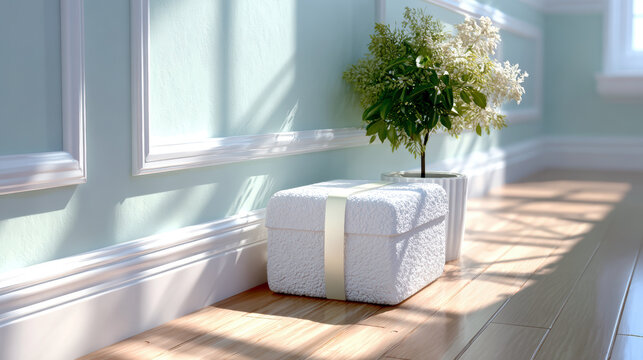 Gift box with ribbon in sunlit hallway for seasonal campaign, lifestyle catalog, wedding favor presentation and boutique packaging showcase with natural light styling