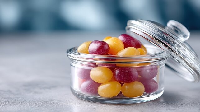 Colorful jelly beans overfilling glass jar with red, pink, yellow sweets