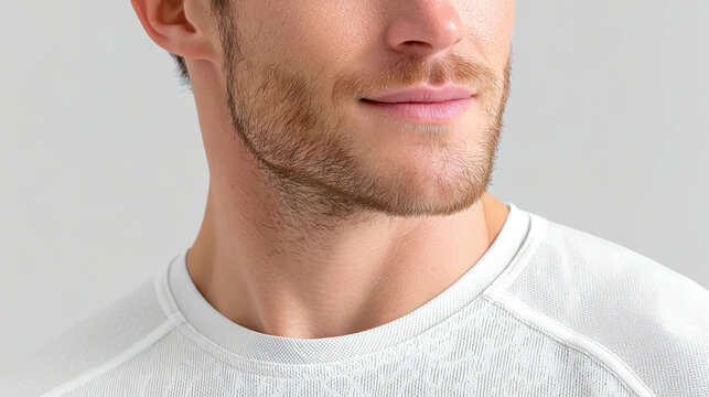 Close crop of male model wearing white textured sport crewneck shirt showing knit fabric detail and groomed stubble for activewear mockup and apparel product page