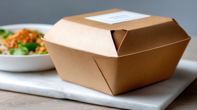 Brown kraft takeout clamshell box mockup closeup on marble slab for restaurant packaging presentation, branding showcase, menu photography, delivery service packaging and catering order mock previews