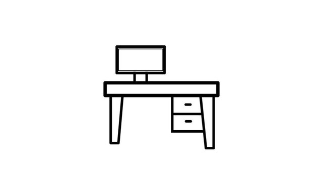 Office Desk Computer Setup Icon. Animated office desk workspace icon featuring a desktop computer monitor, drawers, and work table setup.