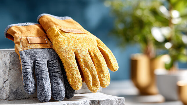 Yellow and gray work gloves on concrete pedestal for labor day safety campaign and industrial protective gear promotion showing durable construction handwear for signage
