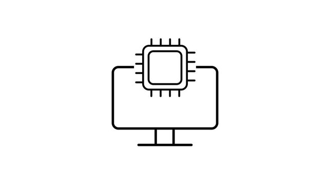 Computer CPU Microchip Hardware Icon. Animated desktop computer monitor display integrated with microchip processor representing hardware computing power symbol icon animation.