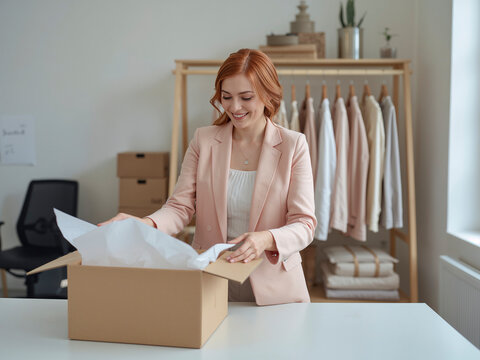 Woman packing customer order for online boutique