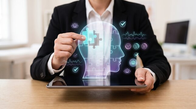 mental health assessment and wellness concept showing professional using tablet to analyze digital mind puzzle, emotional indicators, mood icons, and brain health data for cognitive support

