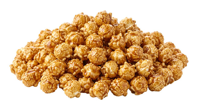 Heap of golden caramel popcorn snacks isolated on transparent background for snacking.