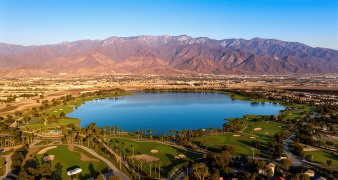 Aerial view of Otay Lakes County Park in Chula Vista, California, a scenic view of a mountain range, the lake. High quality photo
