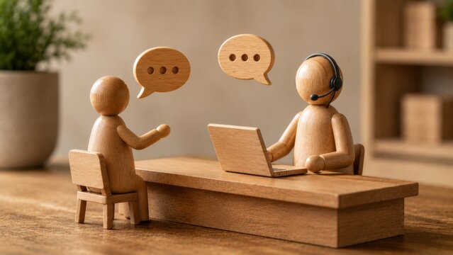 Two wooden figures engaging in a conversation with speech bubbles in office.