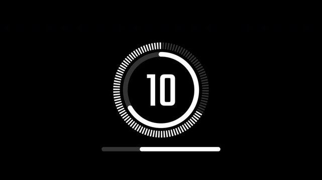 Minimal countdown timer animation from 15 to 0 seconds. Round circle with underline 15 seconds countdown, Modern flat design with animation on black background. High quality 4K video.