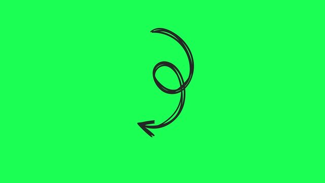 Hand drawn doodle arrow pointing down on a bright green background