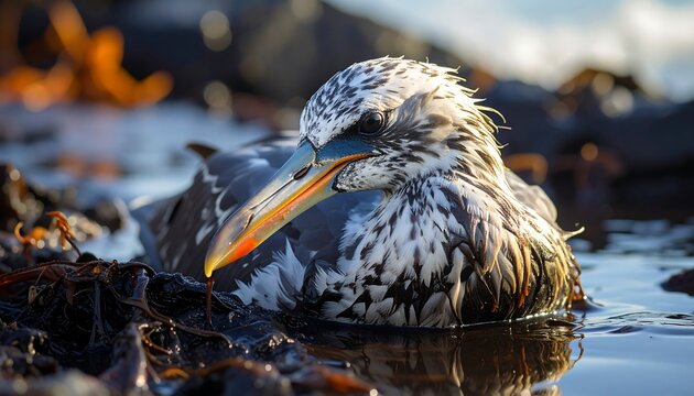 Close up of a colorful bird perched on icy branch.