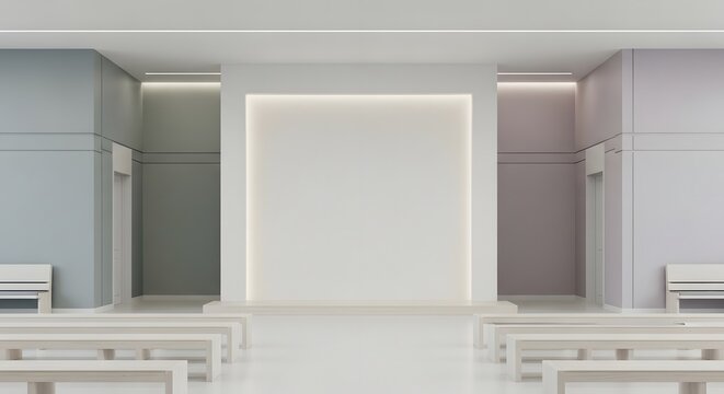 Modern empty church interior with rows of white benches