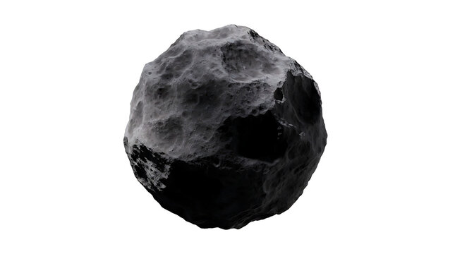 Cratered gray asteroid with rough texture, isolated on white background
