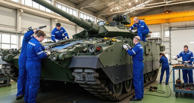 Engineers performing maintenance and repair on infantry fighting vehicle
