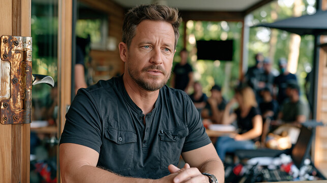 A visual effects artist steps outside a rural studio cabin into quiet countryside air, a crowd of fellow animators visible through the glass behind him in a production meeting, rust-patina metal doo
