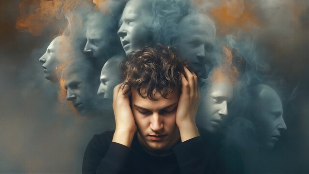 Young man suffering from schizophrenia. Concept of mental health disorder, psychological crisis and inner struggle. Hallucination and fragmented mind represented by smoky face silhouettes.