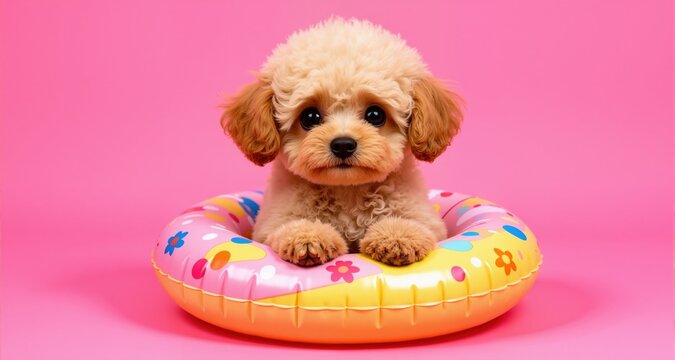 Cute Toy Poodle dog with inflatable ring on pink background
