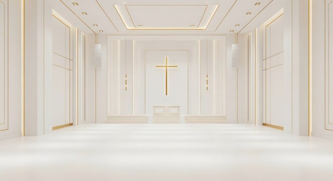 Modern minimalist church interior with a golden cross