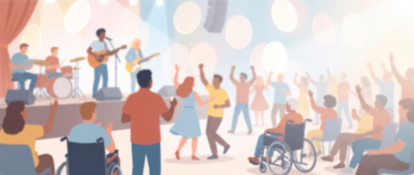 Music concert performance with inclusive audience rendered in a soft flat illustration style with warm pastel tones, perfect for event promotion, festival banners, and cultural media