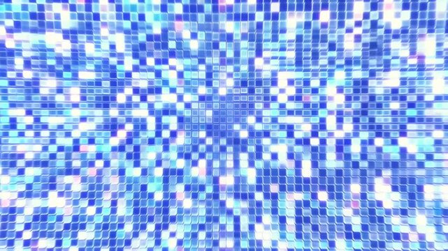 Bright blue mosaic tiles with central radiant glow, glossy reflective surfaces, subtle magenta flecks, dense geometric pattern, soft pulsing light and strong modern abstract texture