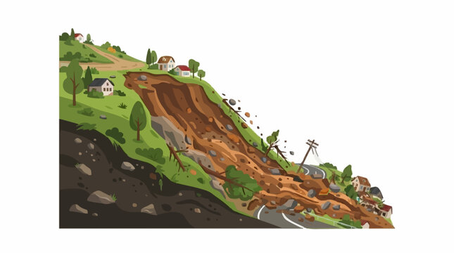 Vector Illustration of Natural Disaster Landslide Crushing Road and Settlement on a Hill