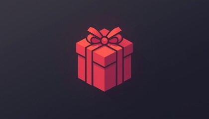 Fototapeta premium Minimalist red gift box with ribbon, 3D isometric present icon on dark background, holiday surprise and celebration concept