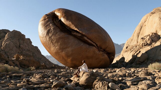 Woman in a desert landscape with a giant coffee bean against a clear sky