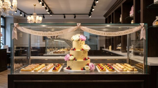 An elegant wedding cake displayed in a bakery showcase, luxury dessert, celebration centerpiece, artisan baking, festive event, gourmet confectionery.