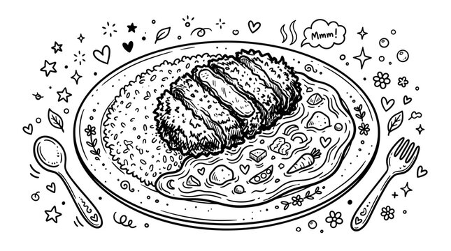 Hand drawn doodle illustration of delicious Japanese katsu curry rice with crispy breaded pork cutlet