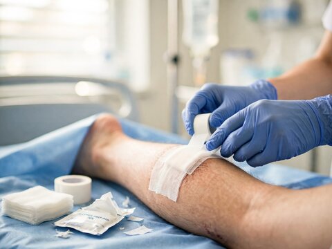 Medical professional applying gauze bandage to patient leg in hospital with first aid patient care health worker treatment healthcare hospital dressing procedure clinical recovery assistance