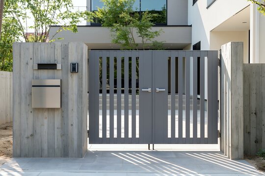 現代的なデザインの門とコンクリート門柱がある新築住宅外構