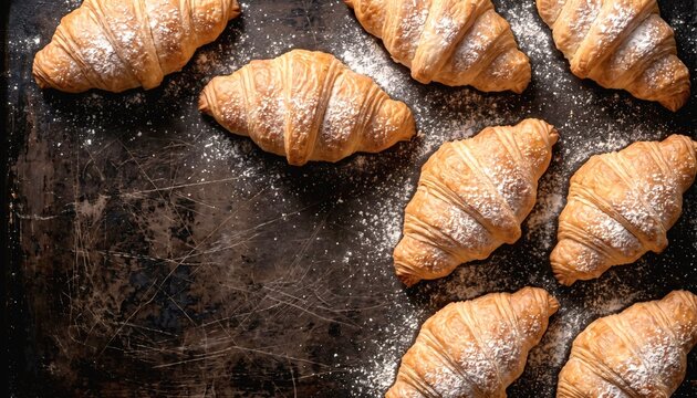 Flat lay of golden baked French croissants on a dark scratched metal baking sheet with flour dusting