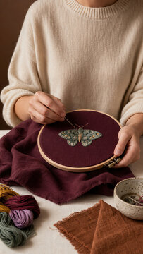 Woman embroidering a moth on dark fabric using a wooden hoop. Artisan hand creating textile art with thread. Autumn hobby, needlework craft and creative home decor making process.