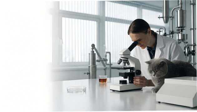 Premium commercial veterinary laboratory advertising, professional veterinarian looking through a modern laboratory microscope while a calm British Shorthair cat sits beside the laboratory table, eleg