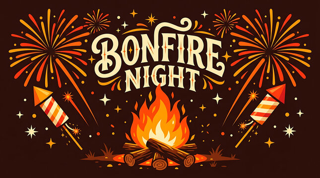 Bonfire Night celebration poster with stylized campfire and colorful fireworks display on a dark brown background