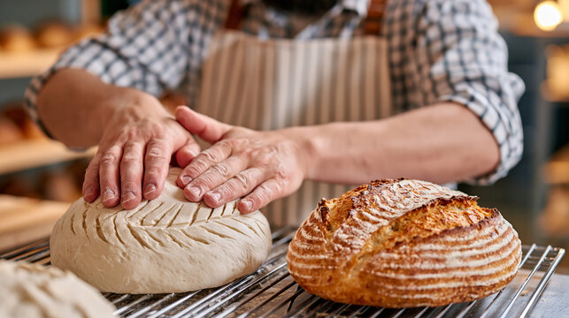 A baker carefully scores a sourdough boule before dawn inside a candlelit artisan bakery, a before-and-after pairing of raw shaped dough and a finished golden crust cooling on a rack capturing the f