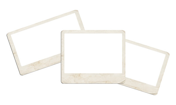 Three vintage photo frames scattered on transparent background, nostalgic memory album.