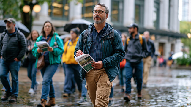A museum docent leads a diverse group of visitors along a rain-soaked cobblestone plaza outside a civic history building, printed exhibition guides in hand, the outdoor scene blending public heritag